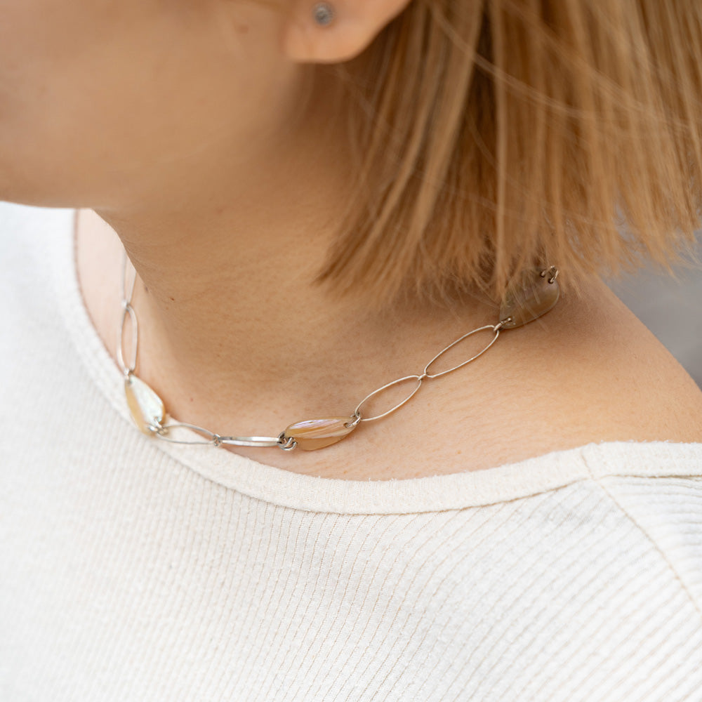 Melanie Decourcey Oval silver links with Vintage mother of pearl parts