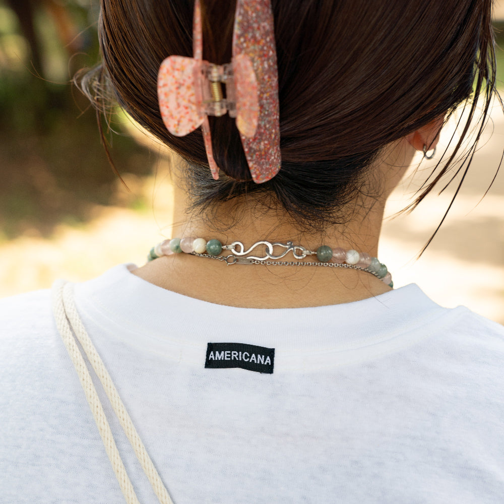 Melanie DeCourcey Mother of pearl, rose quartz, angelite, aventurine, pearl