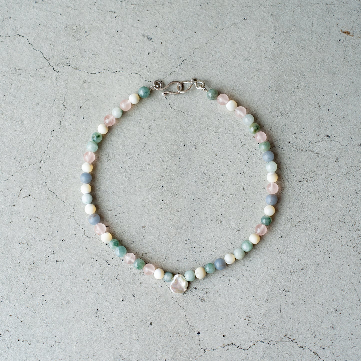 Melanie DeCourcey Mother of pearl, rose quartz, angelite, aventurine, pearl