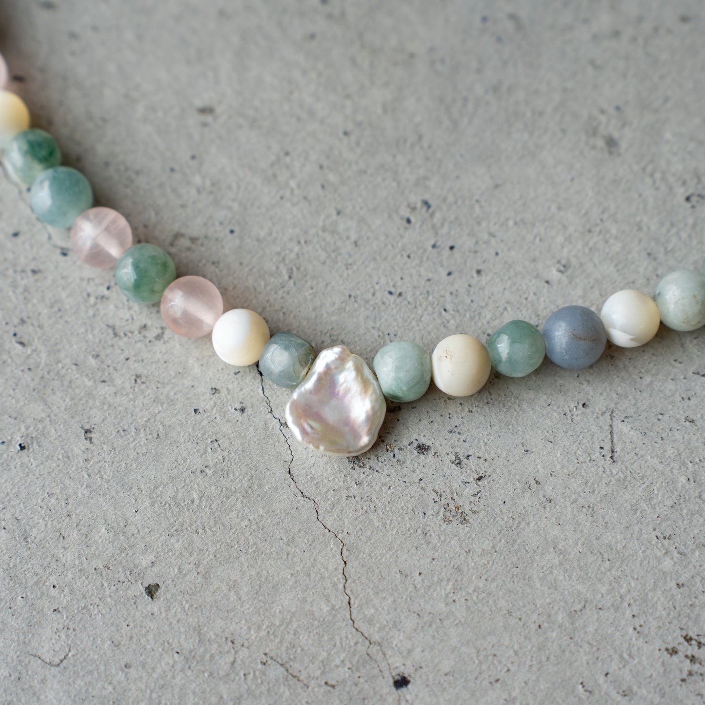 Melanie DeCourcey Mother of pearl, rose quartz, angelite, aventurine, pearl