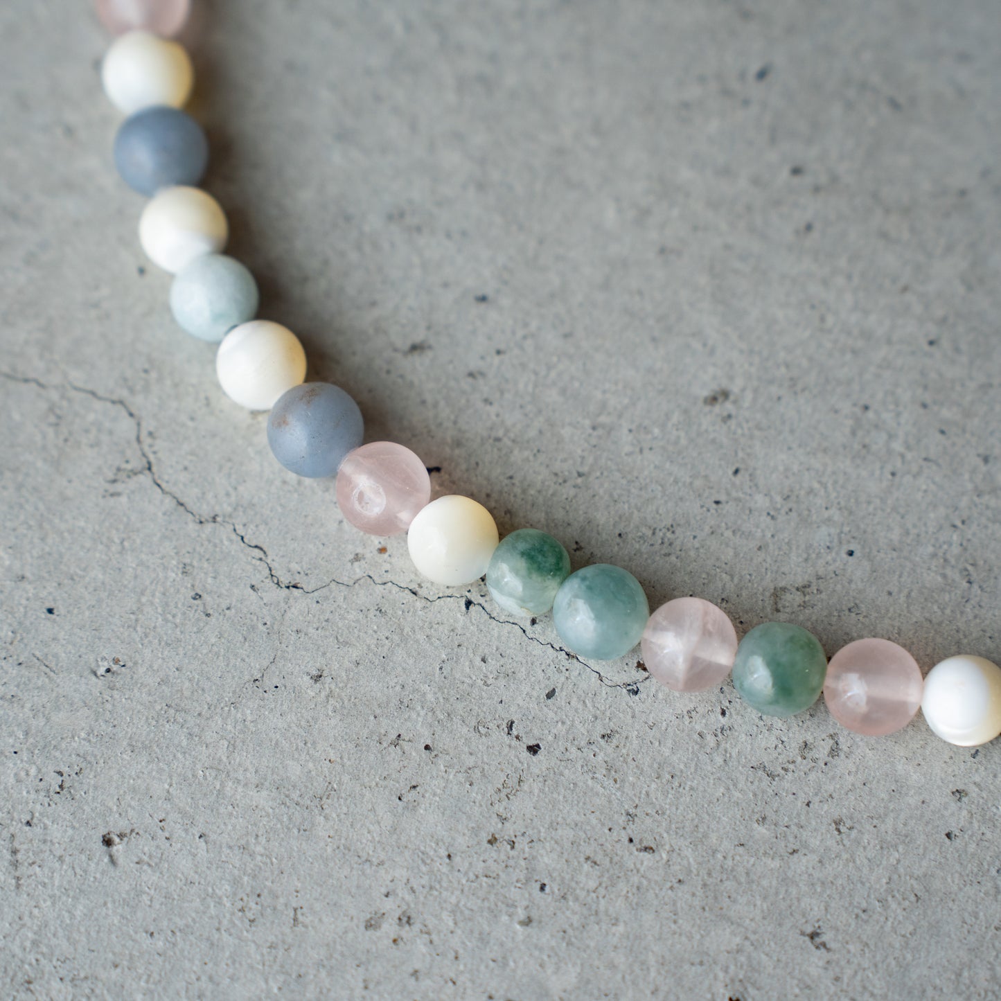 Melanie DeCourcey Mother of pearl, rose quartz, angelite, aventurine, pearl