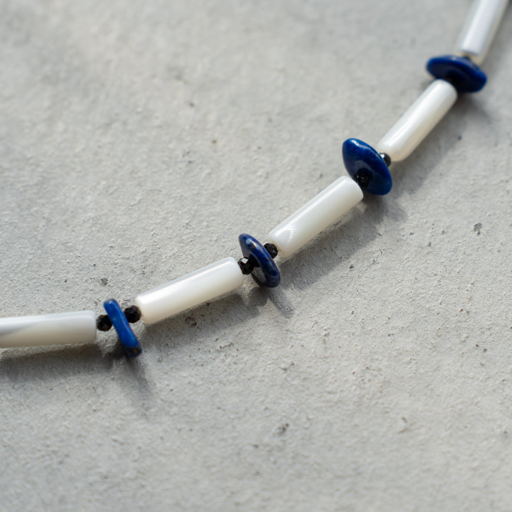 Melanie DeCourcey White mother of pearl with black tourmaline and lapis lazuli necklace