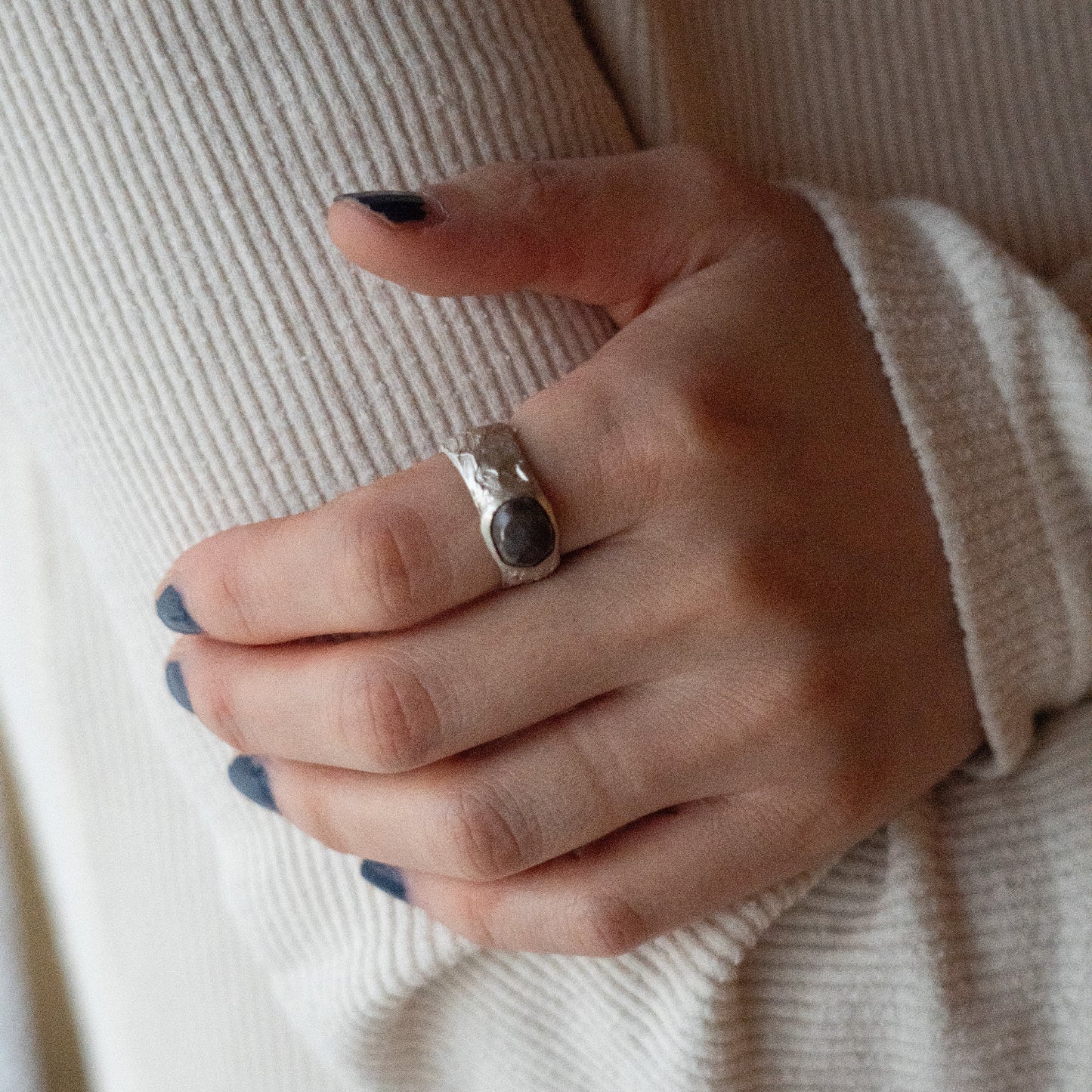 Melanie Decourcey Textured silver ring with oxidized silver dome
