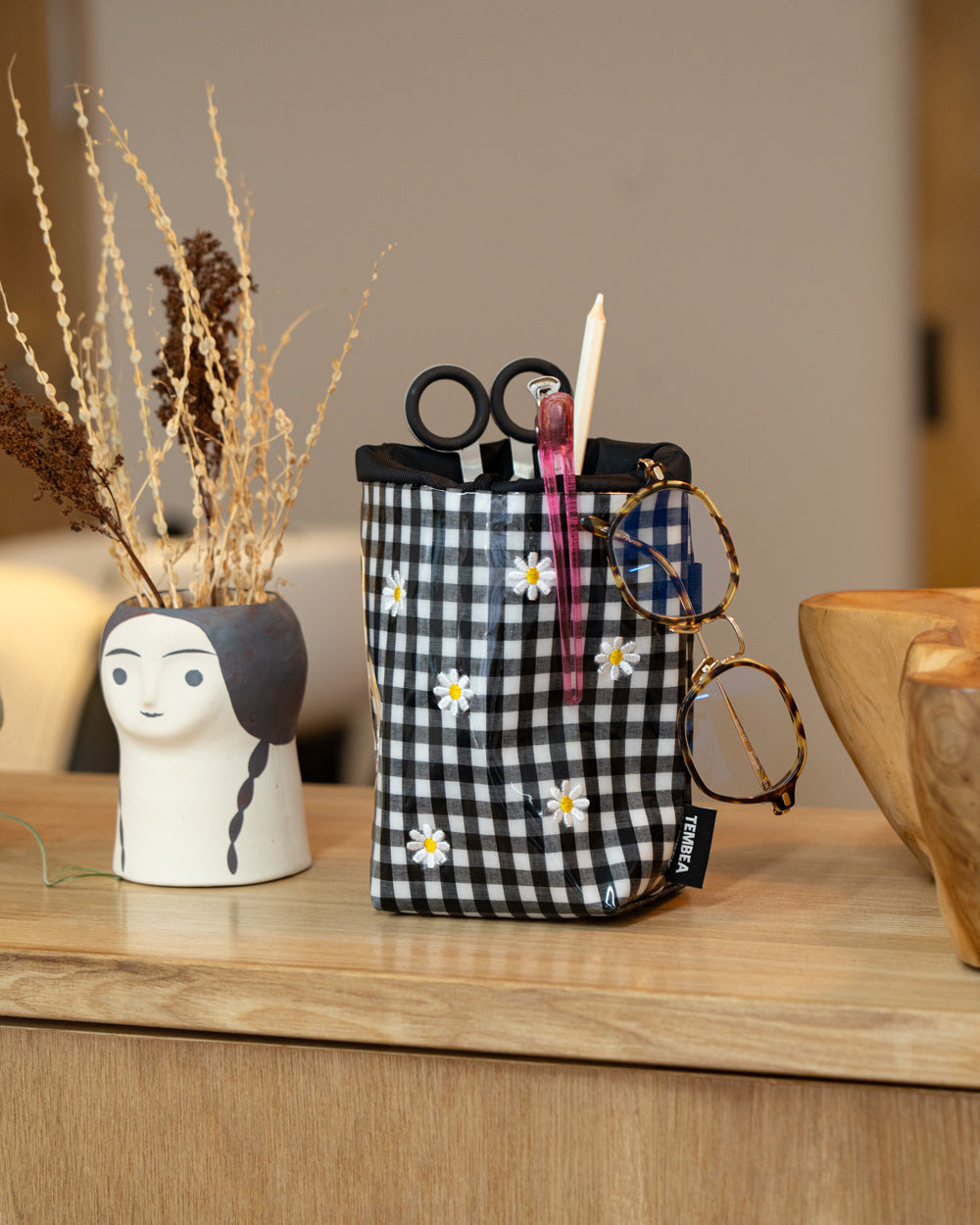 TEMBEA×Friday  STEM BAG "Flower Embroidery"  GINGHAM BLACK