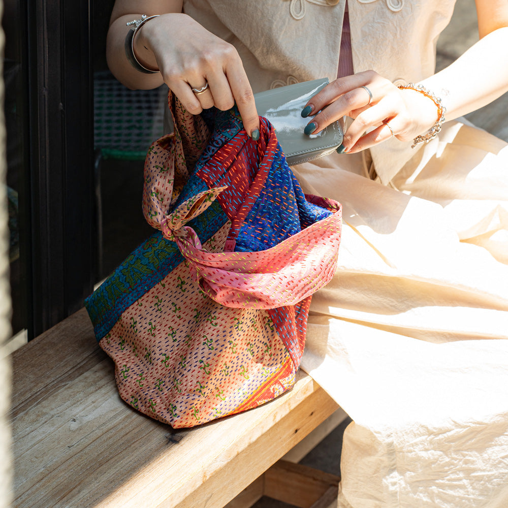 WONDER FULL LIFE   KANTHA  BOTANICAL BAG -Large
