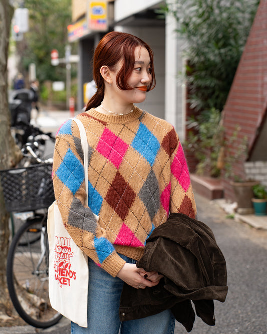 COOHEM　STITCHED ARGYLE KNIT PULLOVER