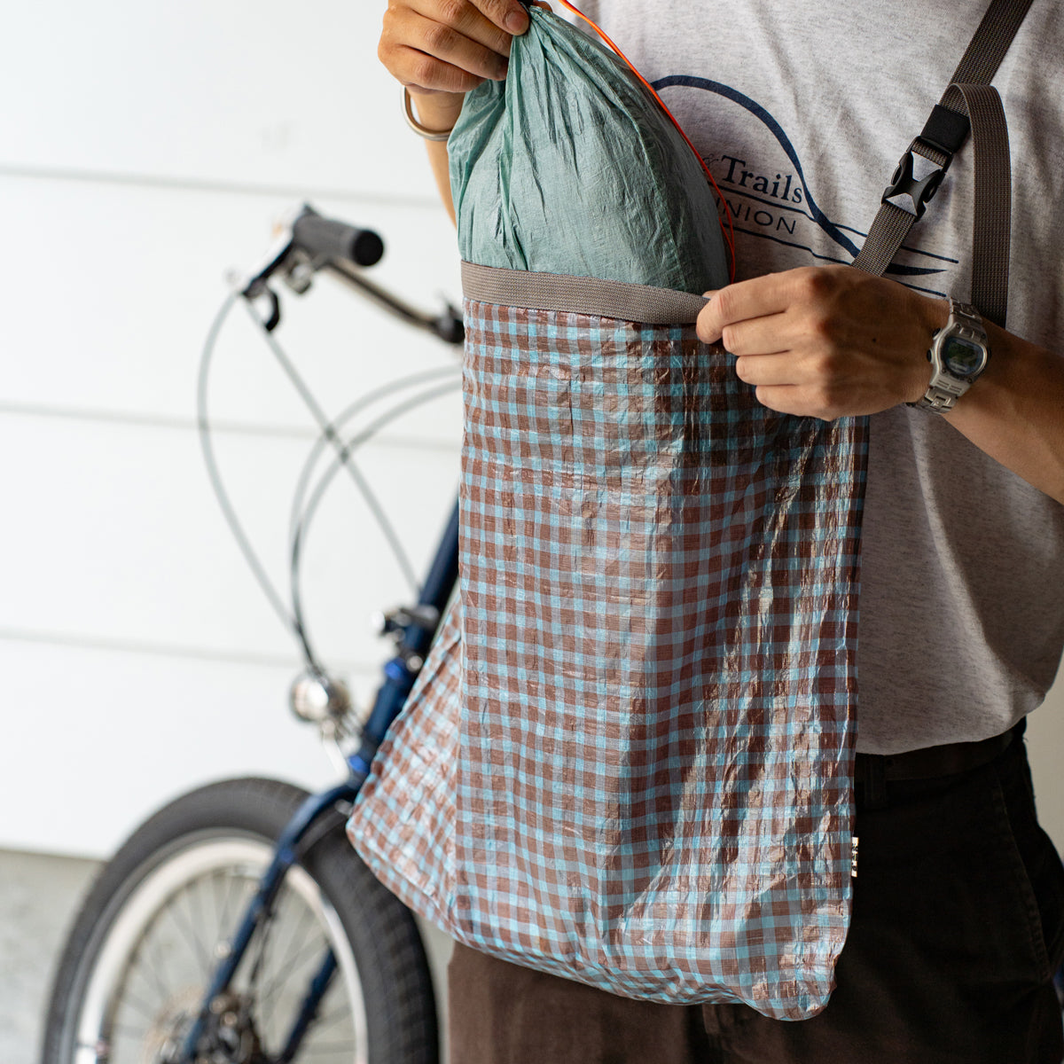 FAIRWEATHER × Friday  Packable sacoche -Dyneema  "Brown×Blue gingham"