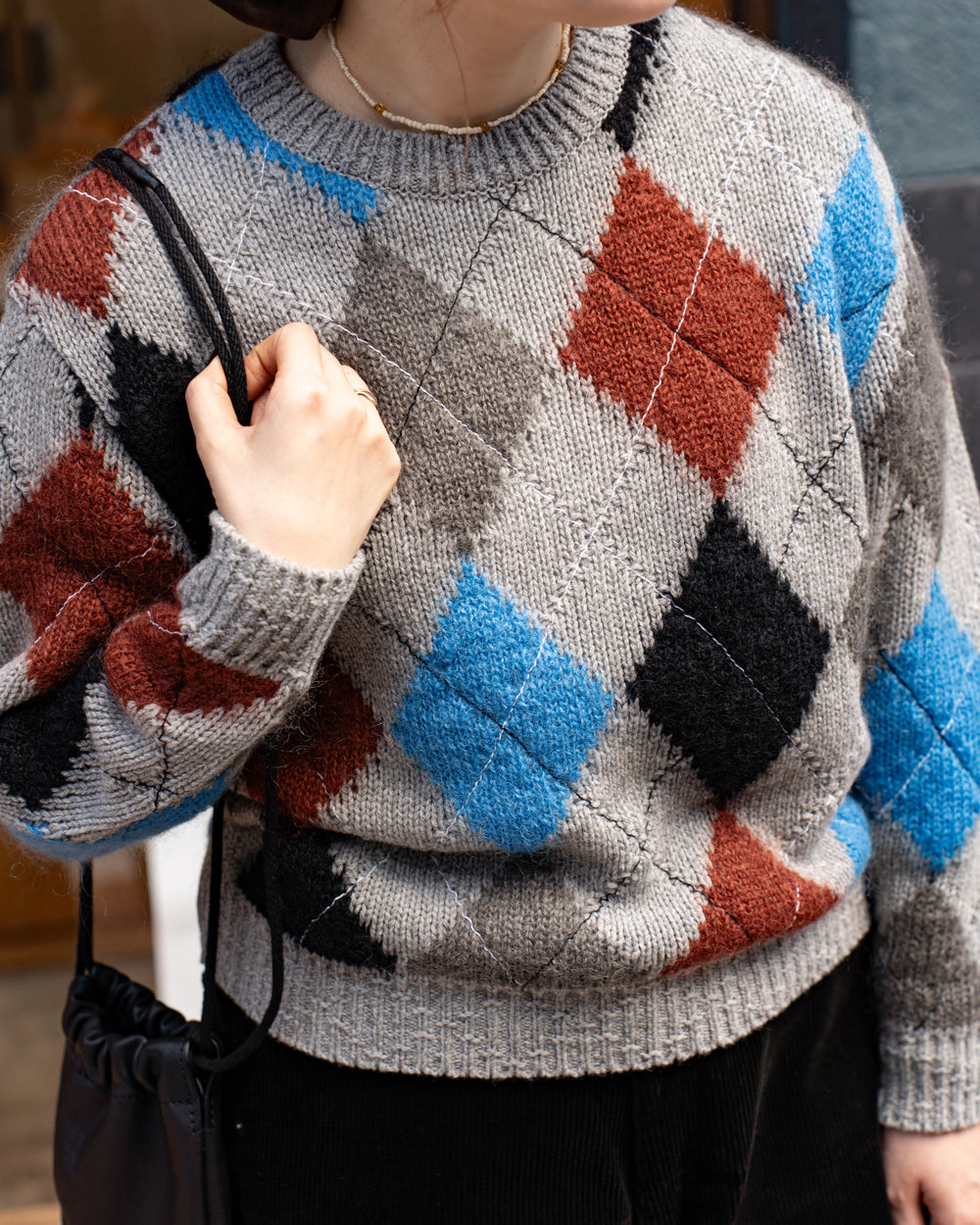 COOHEM　STITCHED ARGYLE KNIT PULLOVER