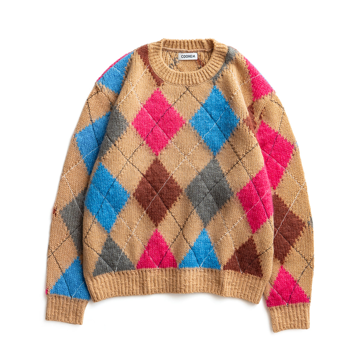 COOHEM　STITCHED ARGYLE KNIT PULLOVER
