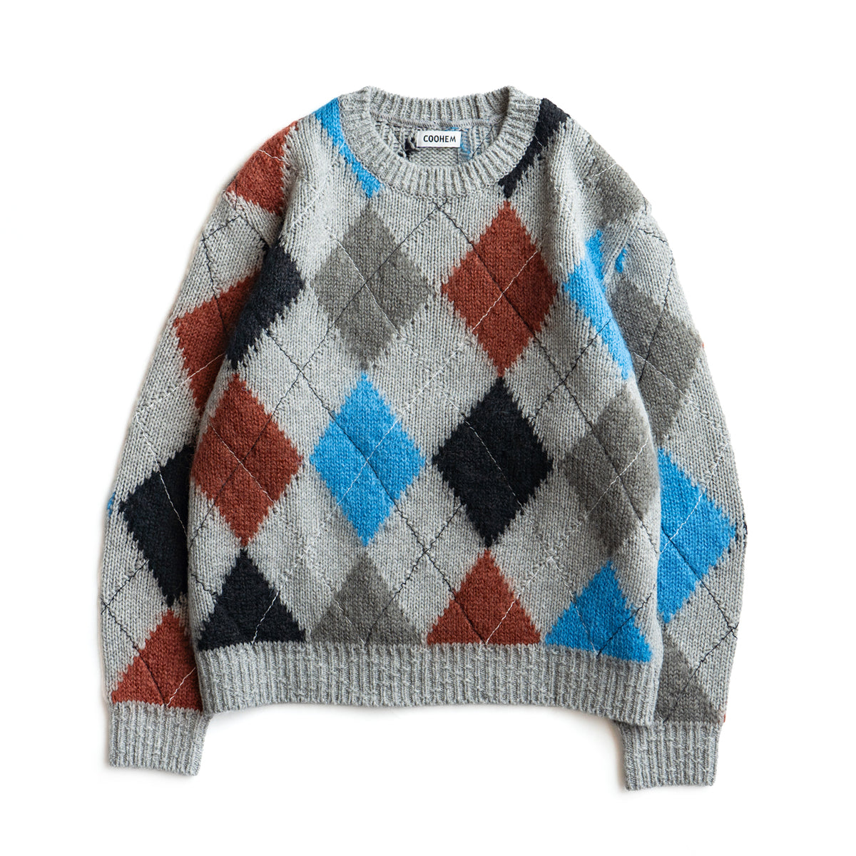 COOHEM　STITCHED ARGYLE KNIT PULLOVER