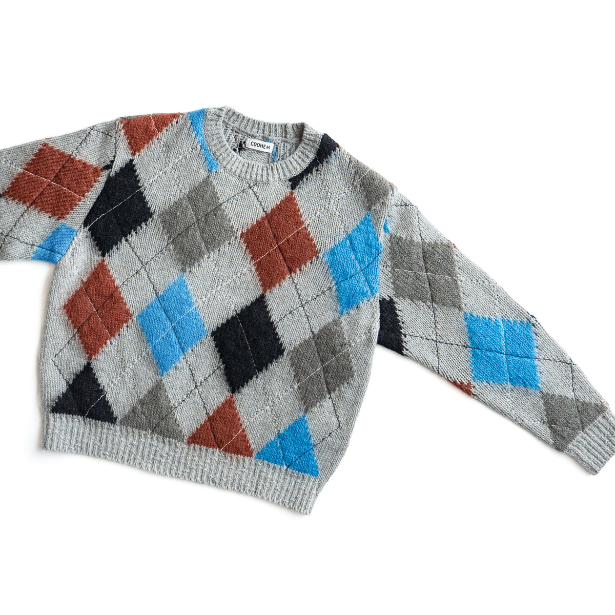 COOHEM　STITCHED ARGYLE KNIT PULLOVER