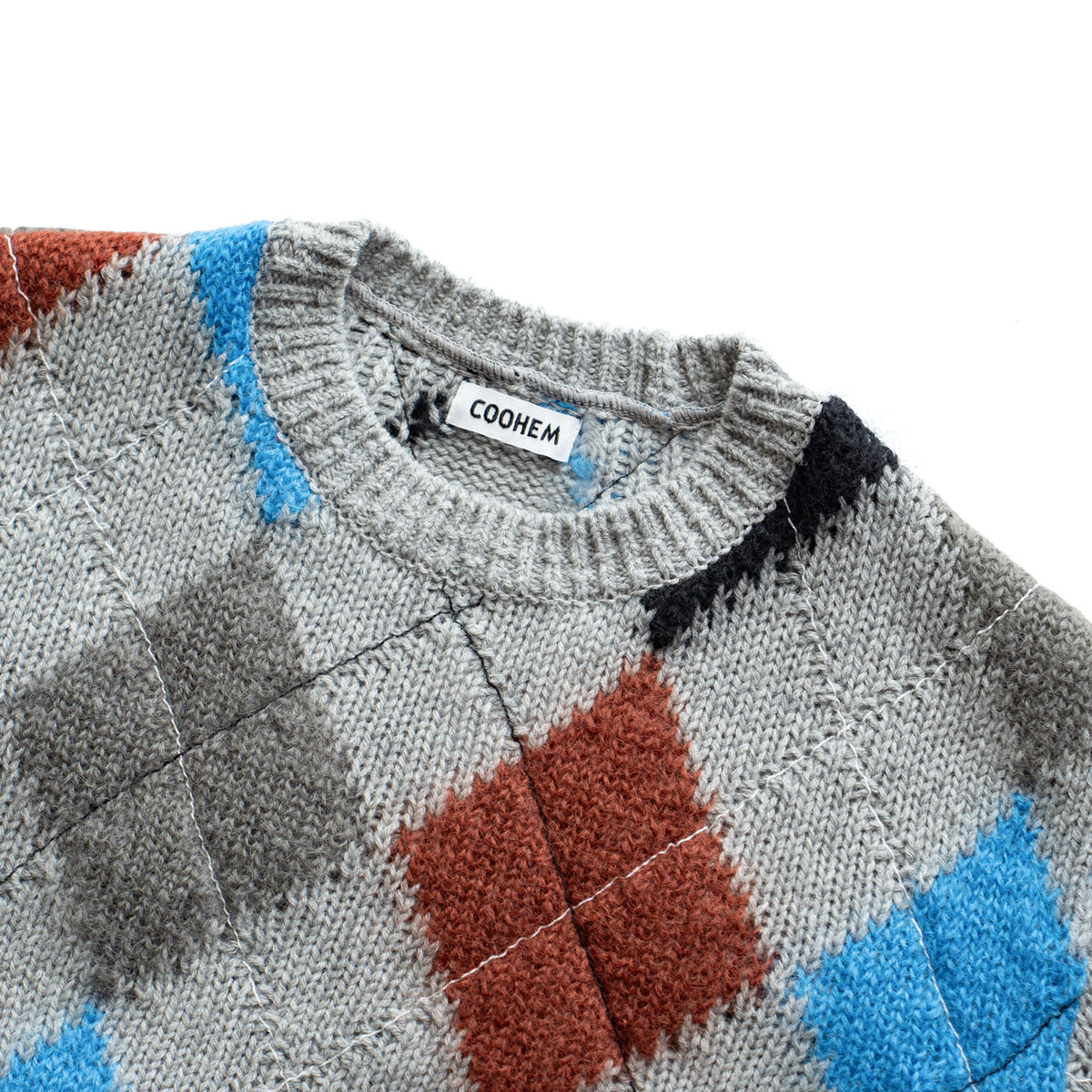 COOHEM　STITCHED ARGYLE KNIT PULLOVER