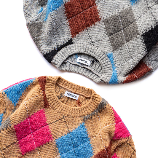 COOHEM　STITCHED ARGYLE KNIT PULLOVER