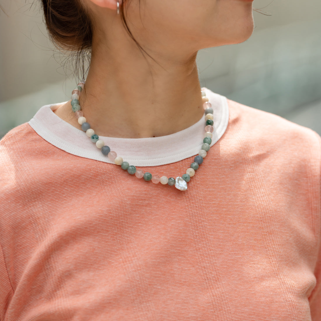 Melanie DeCourcey   Mother of pearl, rose quartz, angelite, aventurine, pearl