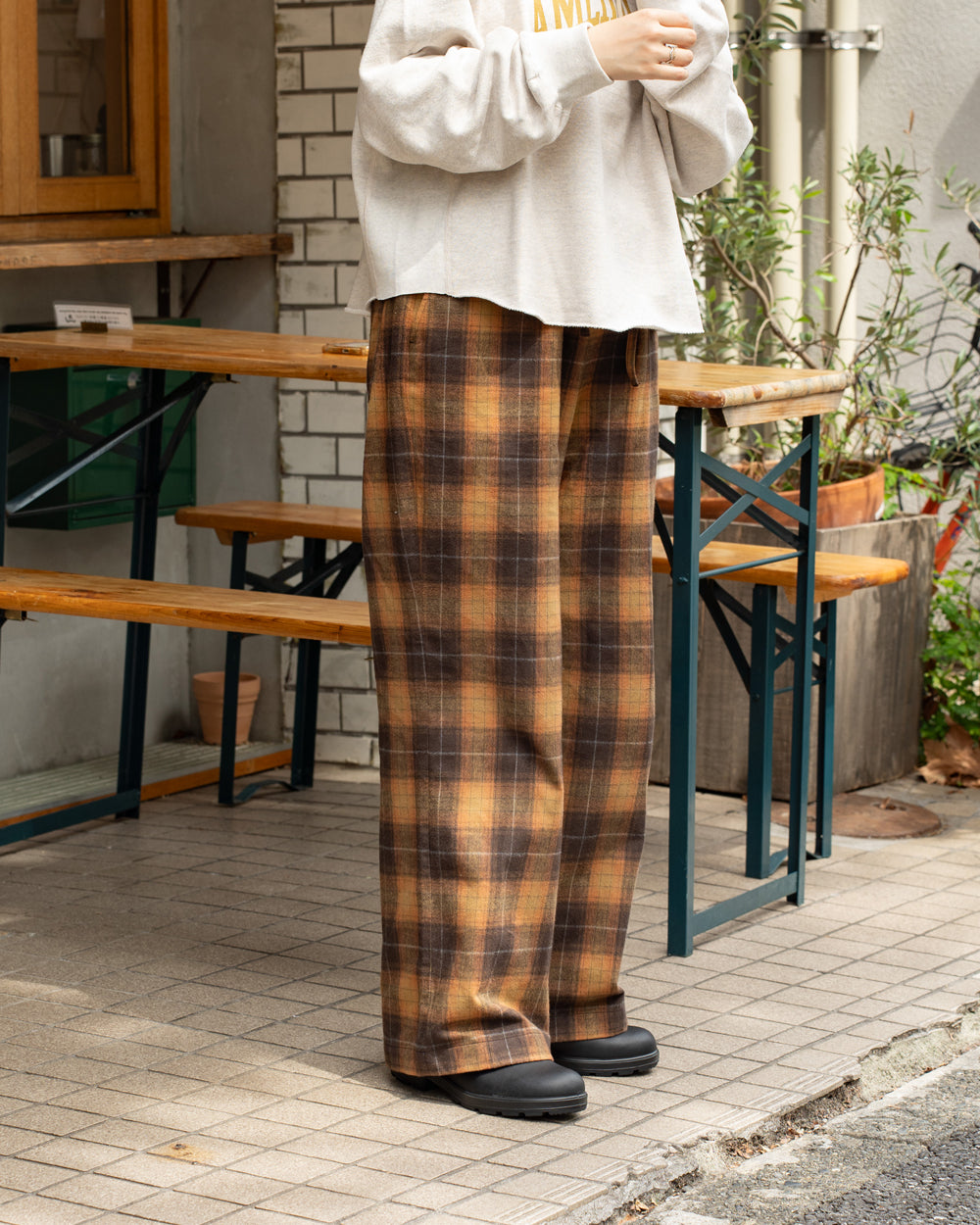 F F F   Easy pants  -Cotton flannel "Orange × Brown "
