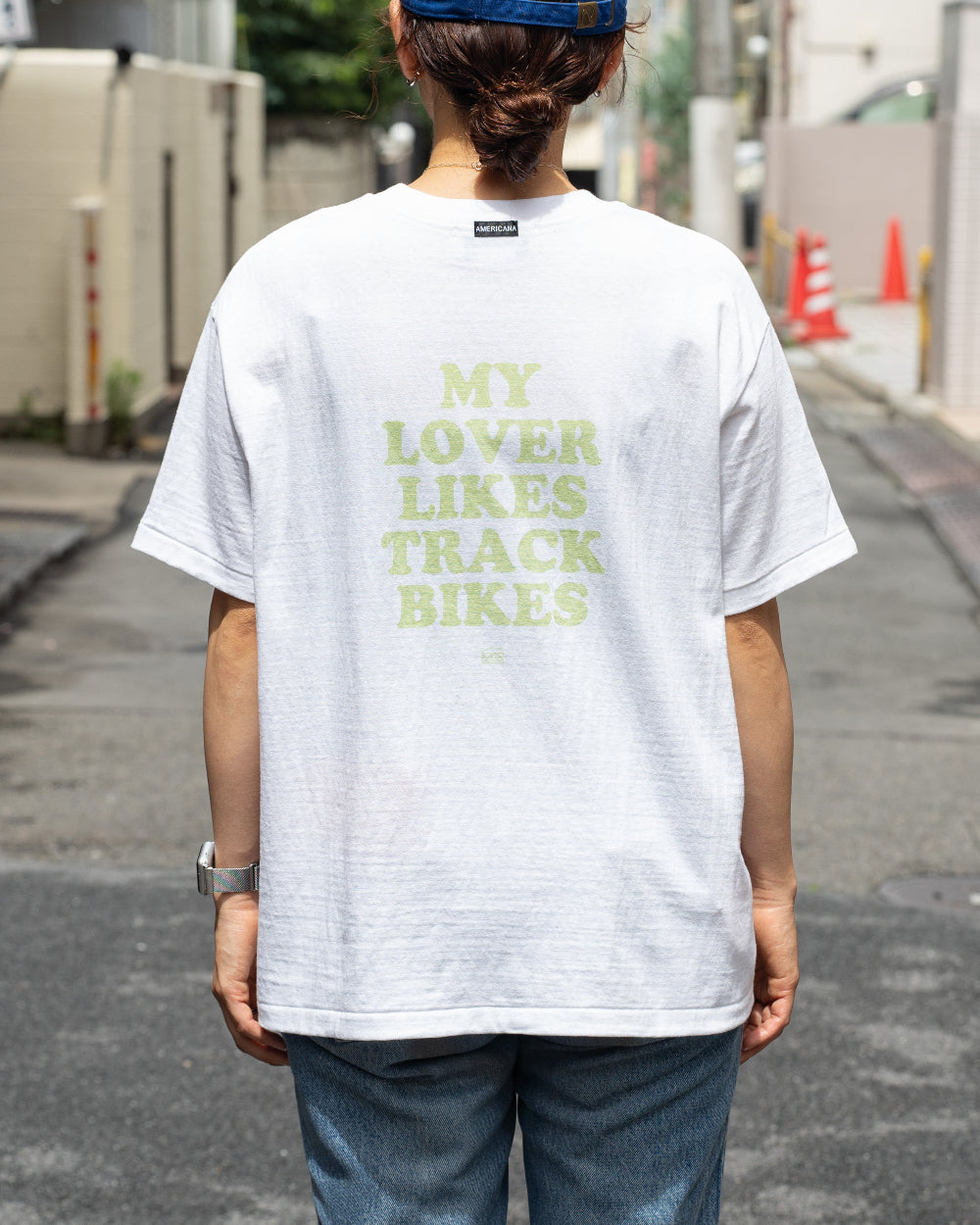 Americana × Friday   Print tee " MY LOVER LIKES TRACK BIKES "