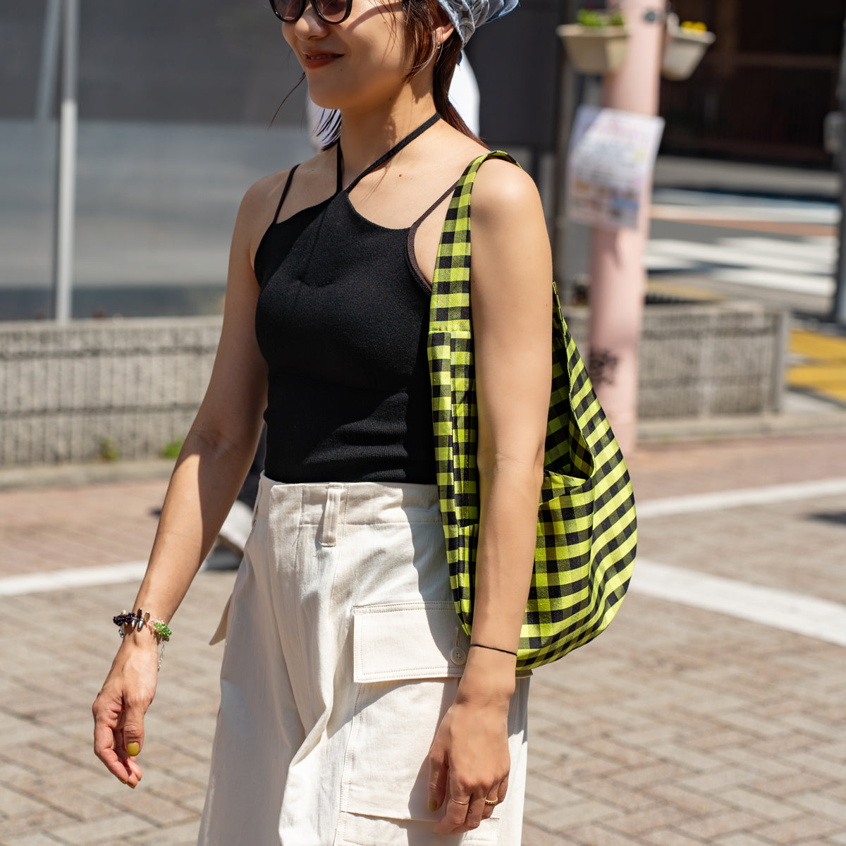 COA NYC  HOBO MINI BAG IN GINGHAM LIME BLACK