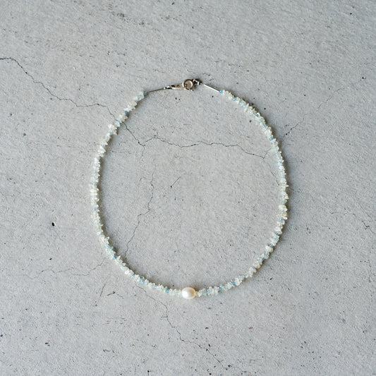 Melanie Decourcey  Aquamarine beads with pearl center
