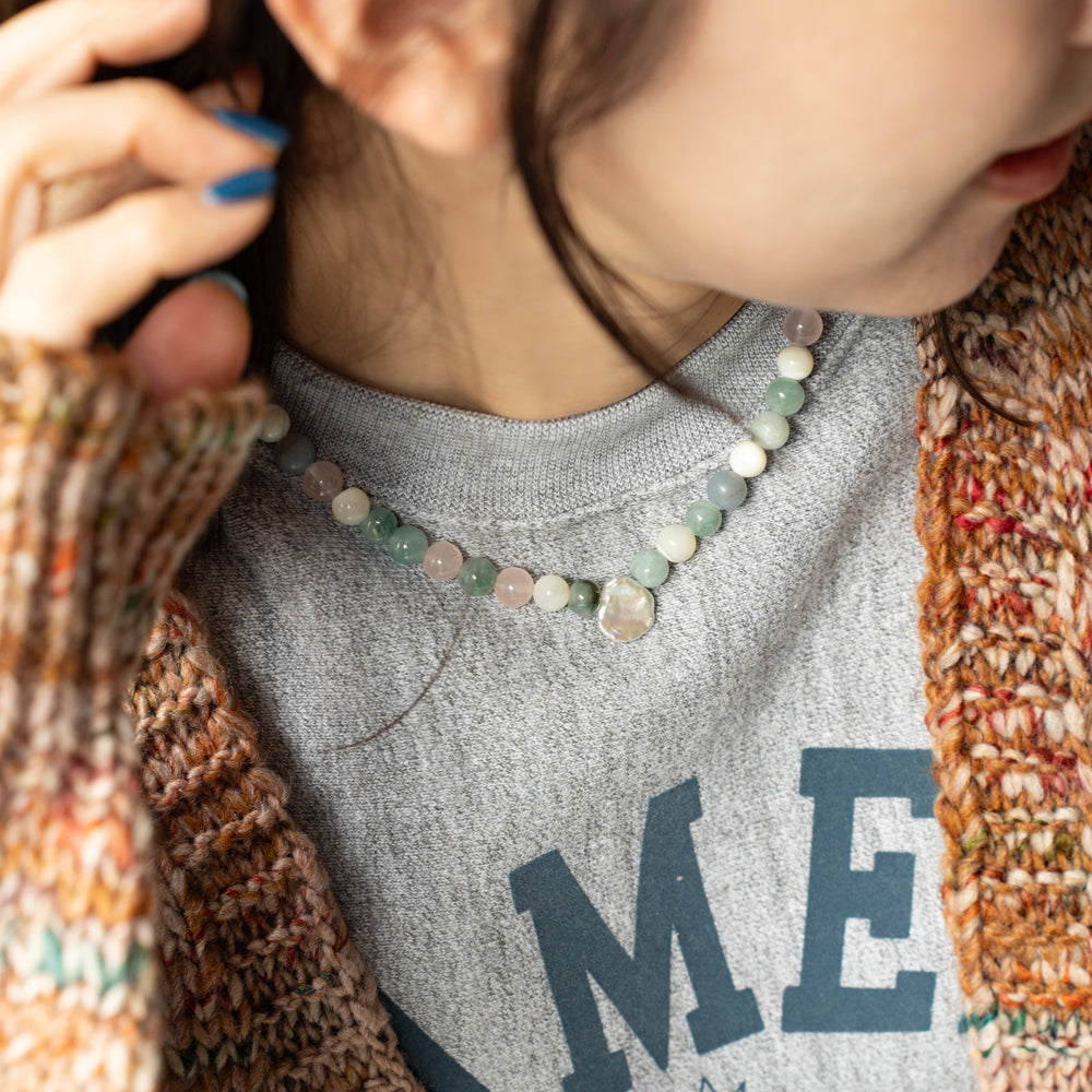 Melanie DeCourcey   Mother of pearl, rose quartz, angelite, aventurine, pearl