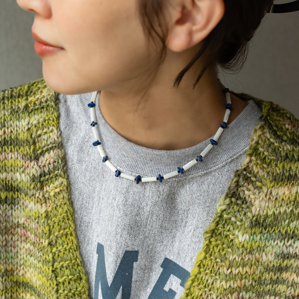 Melanie DeCourcey   White mother of pearl with black tourmaline and lapis lazuli necklace