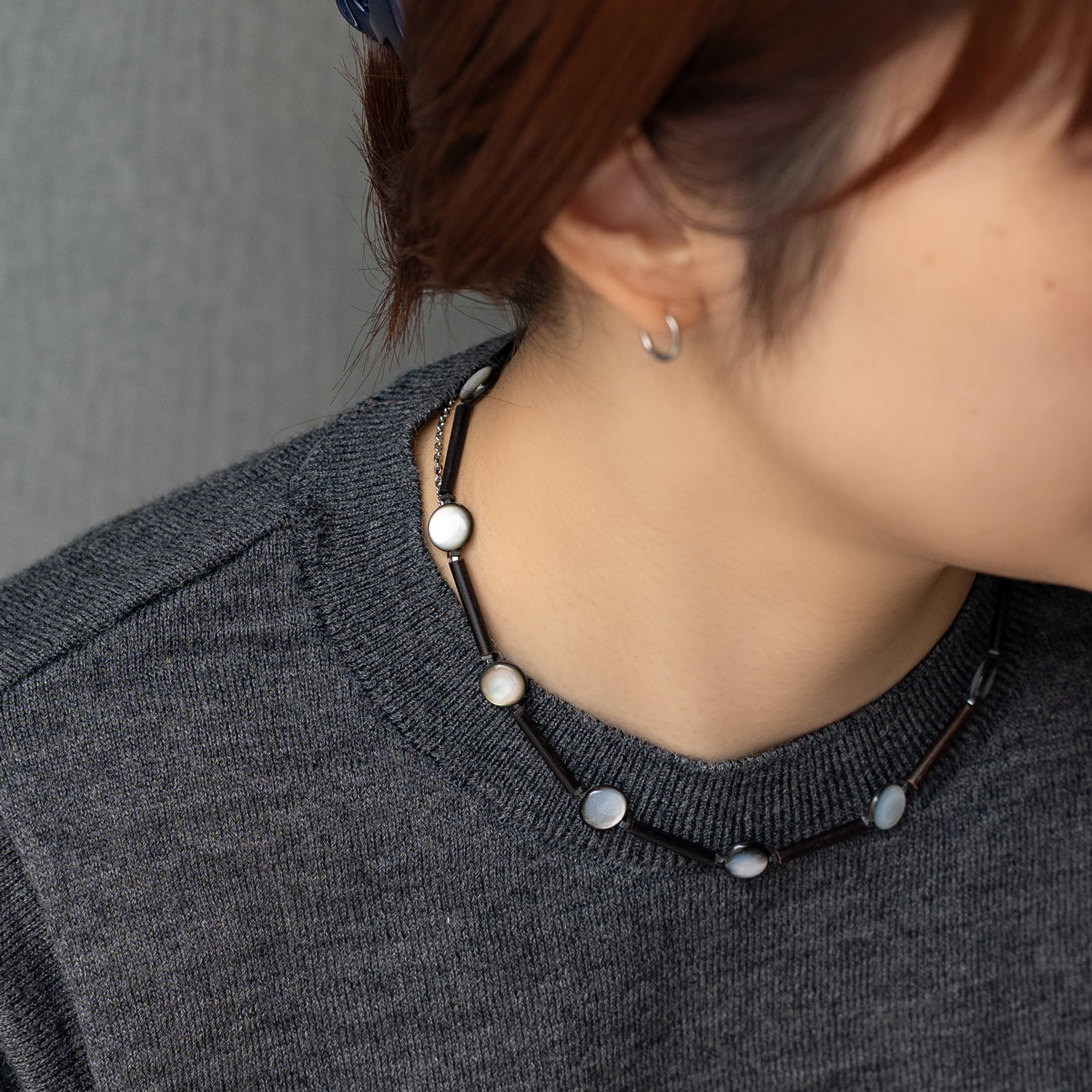 Melanie DeCourcey   Wood, small hematite and black mother of pearl