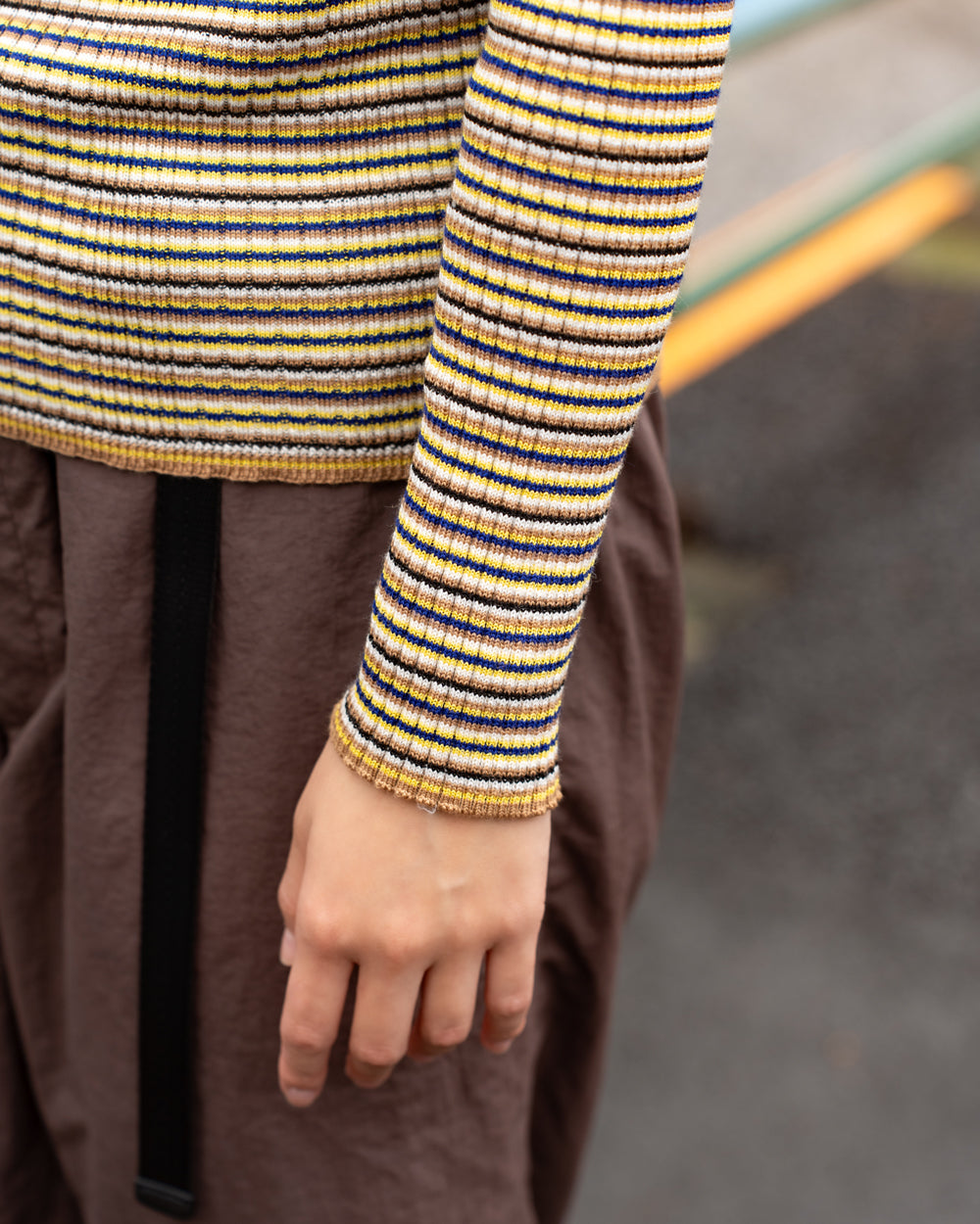 COOHEM　WOOL SILK MULTI BORDER RIB KNIT