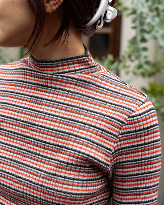 COOHEM　WOOL SILK MULTI BORDER RIB KNIT