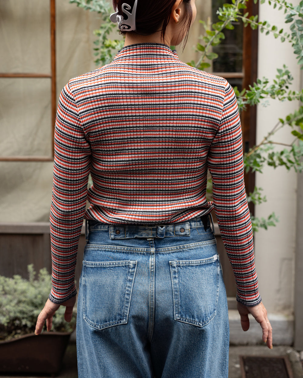 COOHEM　WOOL SILK MULTI BORDER RIB KNIT