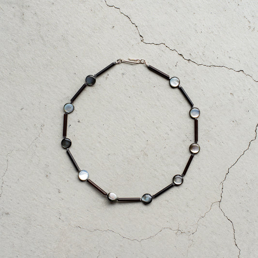 Melanie DeCourcey   Wood, small hematite and black mother of pearl