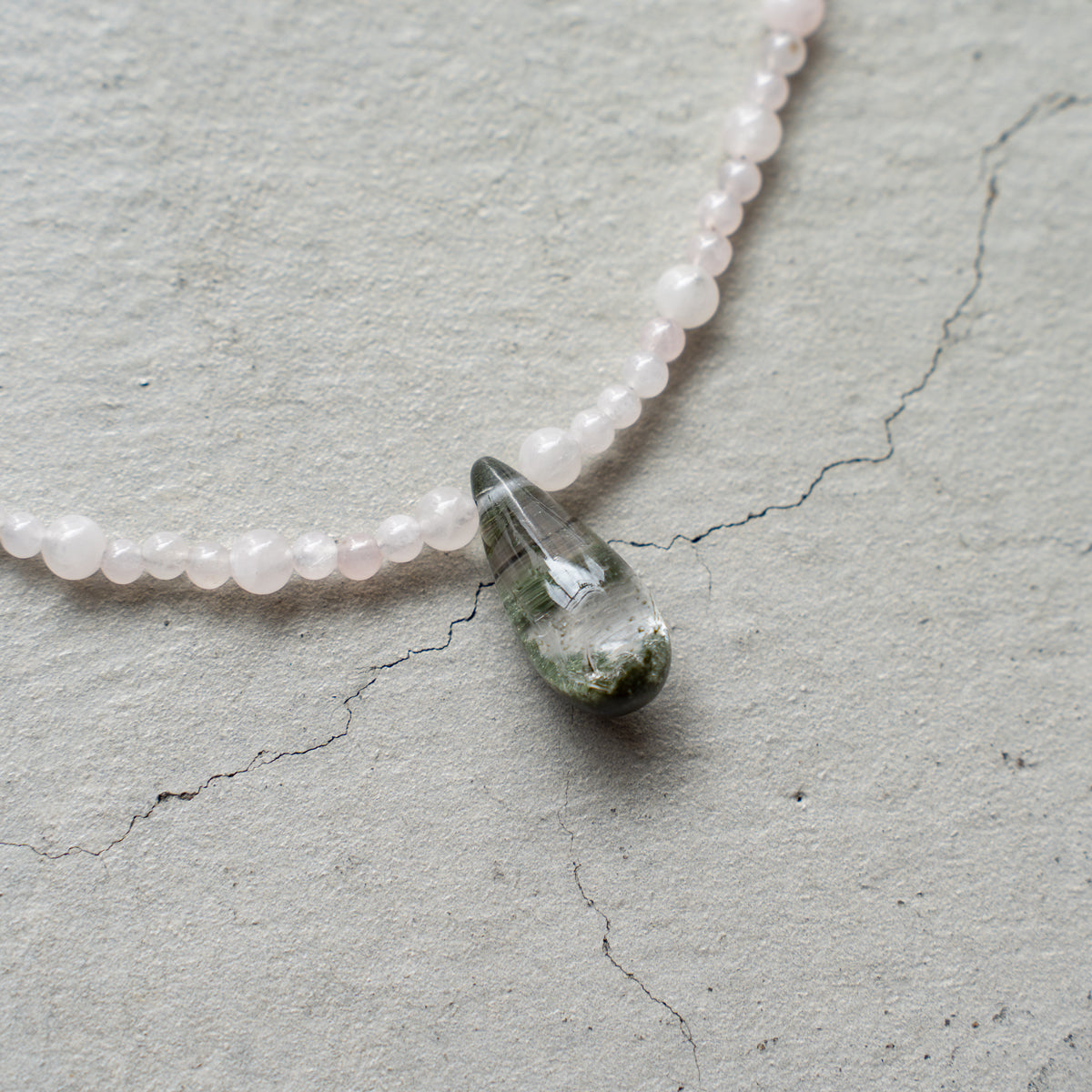 Melanie DeCourcey   Rose quartz and nepalese moss quartz drop