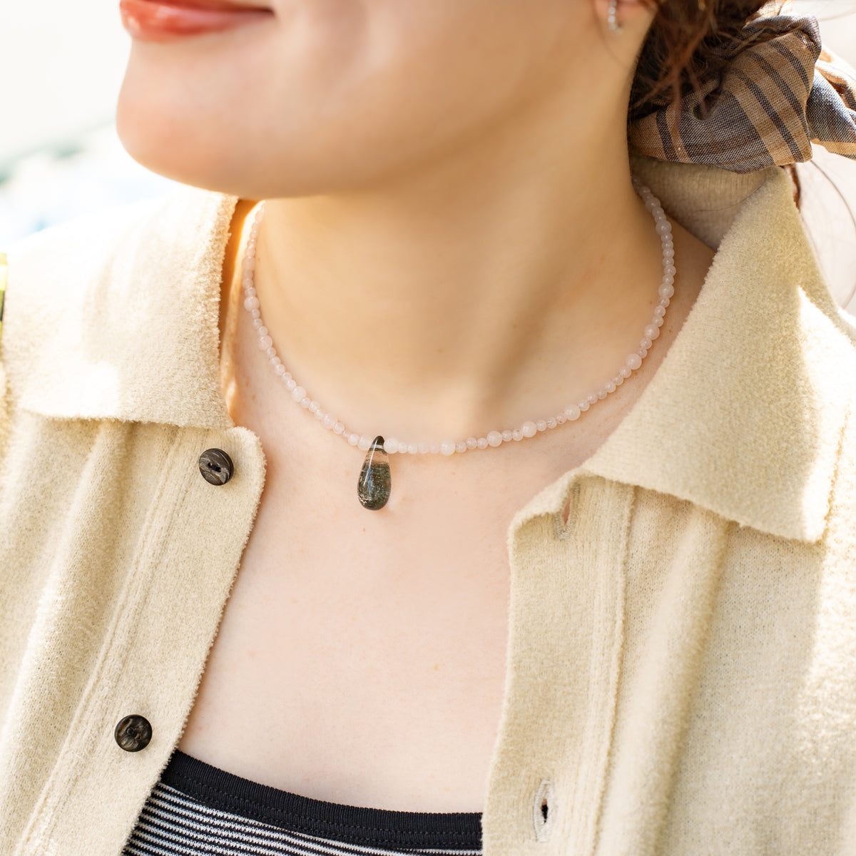 Melanie DeCourcey   Rose quartz and nepalese moss quartz drop