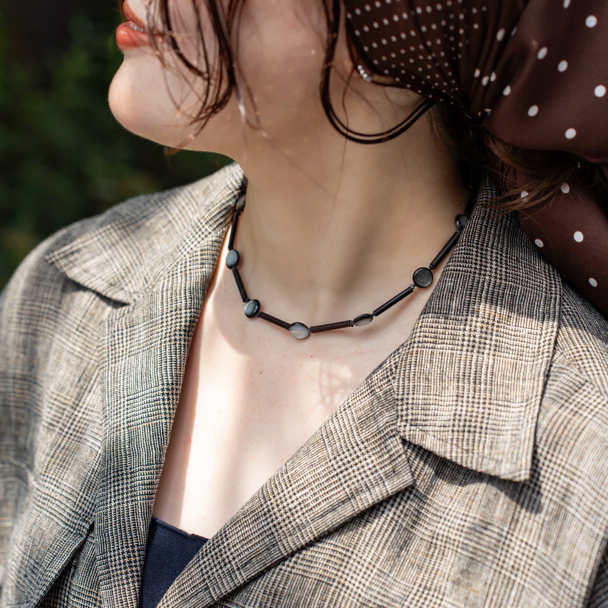 Melanie DeCourcey   Wood, small hematite and black mother of pearl