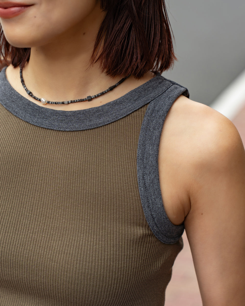 Ohh! × Friday  Cotton silk rib tank -Khaki