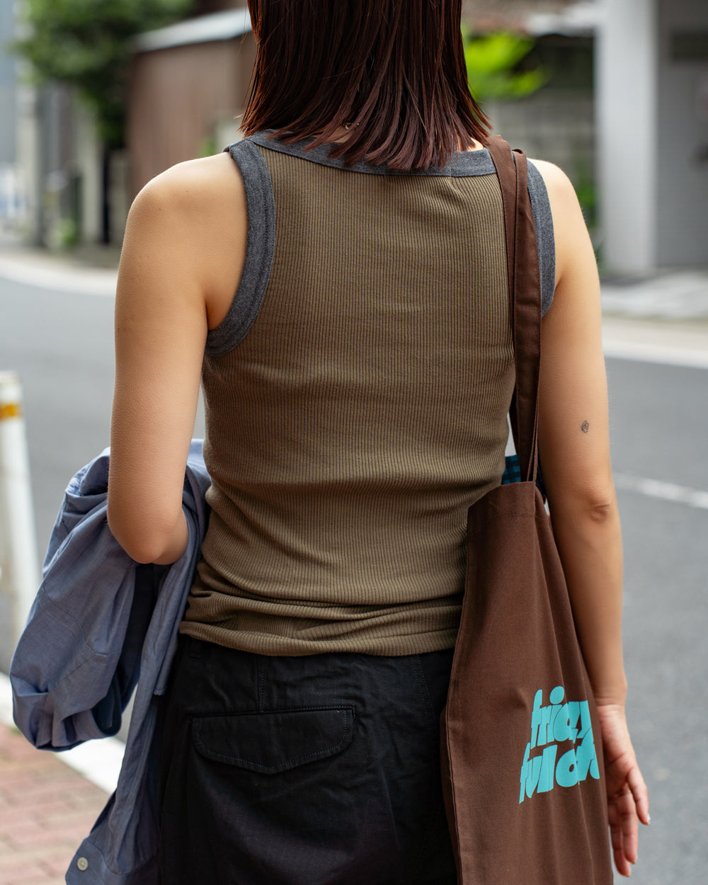 Ohh! × Friday  Cotton silk rib tank -Khaki