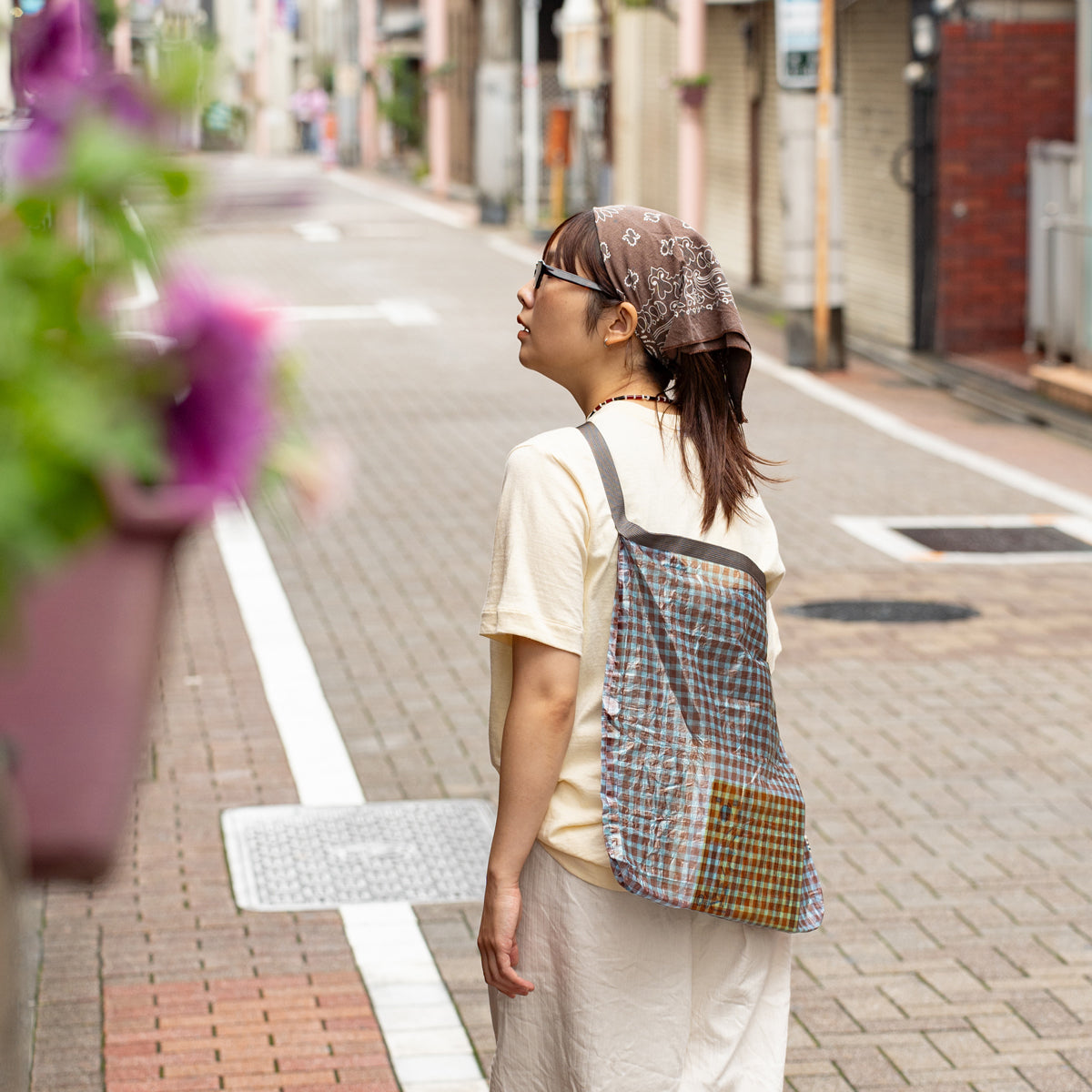 FAIRWEATHER × Friday  Packable sacoche -Dyneema  "Brown×Blue gingham"