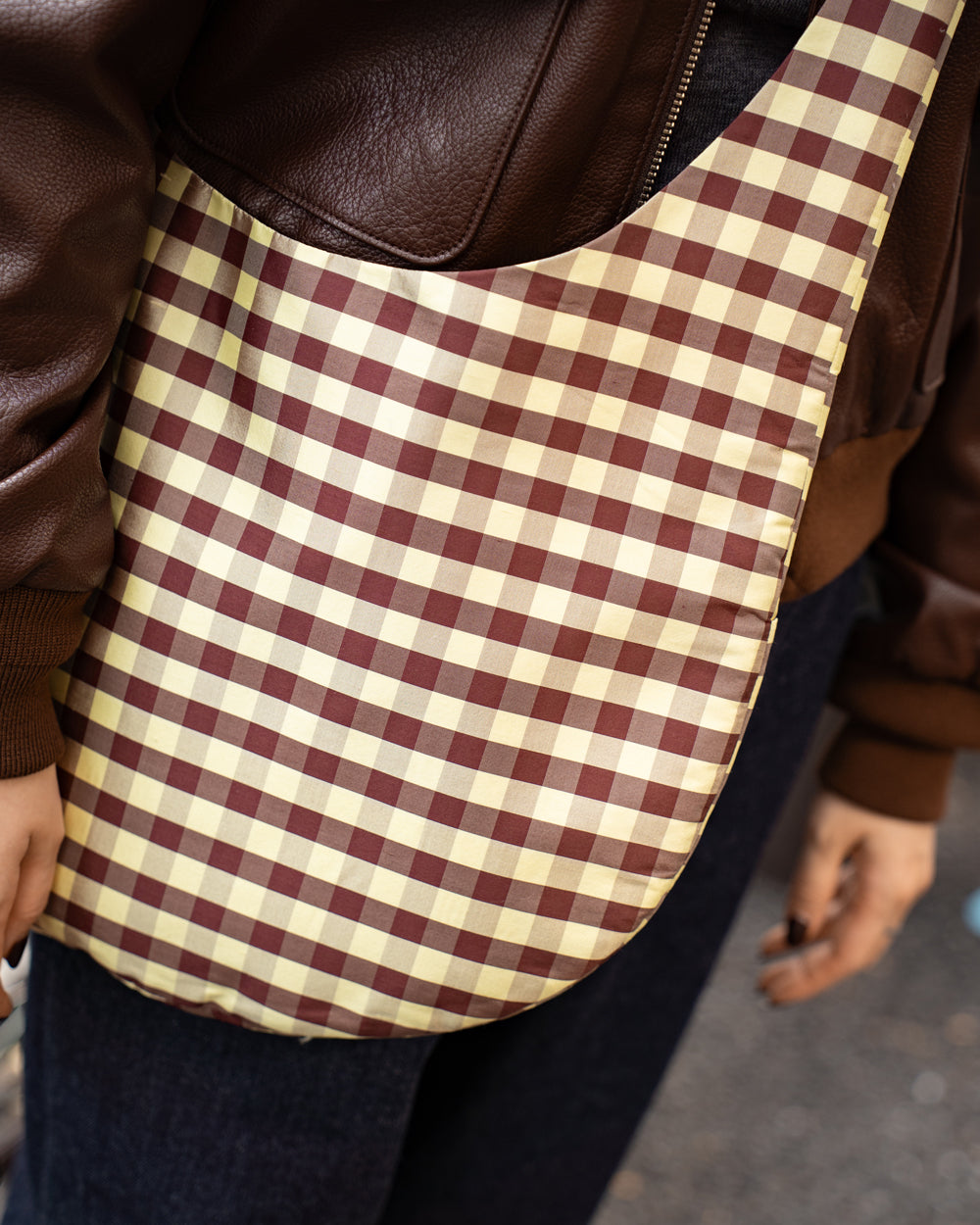 COA NYC  HOBO CROSSBODY BAG IN GINGHAM BURGANDY YELLOW