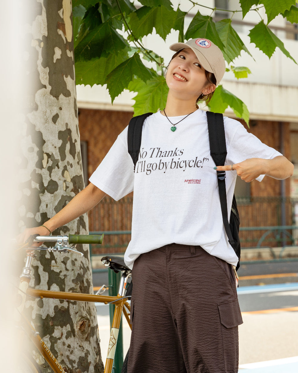 Americana × Friday   Print tee " No Thanks  I'll go by bicycle "